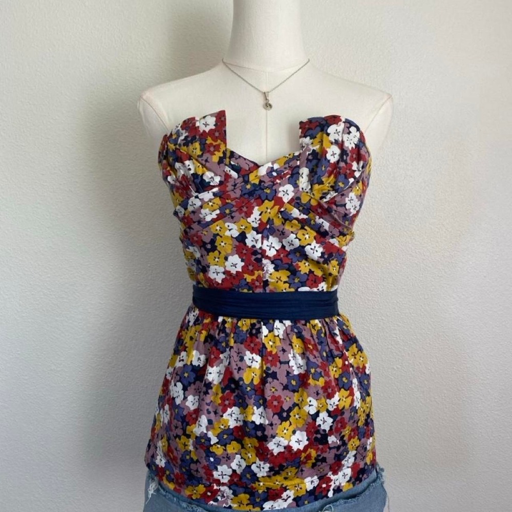 Vintage Y2K Porridge Strapless Floral Corset Top Multicolor Navy Waistband - Picture 3 of 7